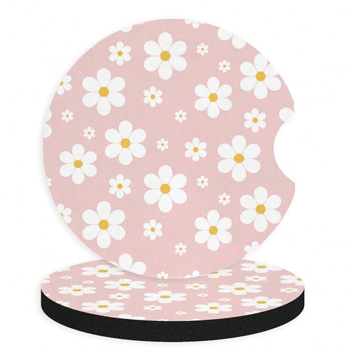 2pcs Cute White Flowers Car Coasters,Absorbent Universal Neoprener Cup Holder Coasters With A Finger Notch,Car Accessories For Women&Ma