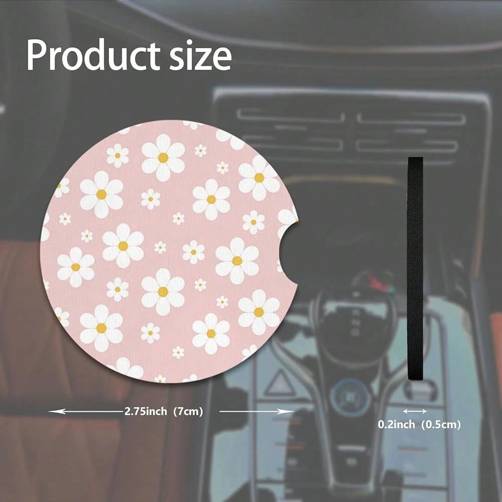 2pcs Cute White Flowers Car Coasters,Absorbent Universal Neoprener Cup Holder Coasters With A Finger Notch,Car Accessories For Women&Ma
