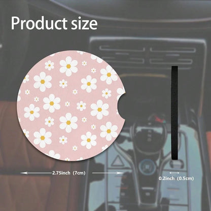 2pcs Cute White Flowers Car Coasters,Absorbent Universal Neoprener Cup Holder Coasters With A Finger Notch,Car Accessories For Women&Ma