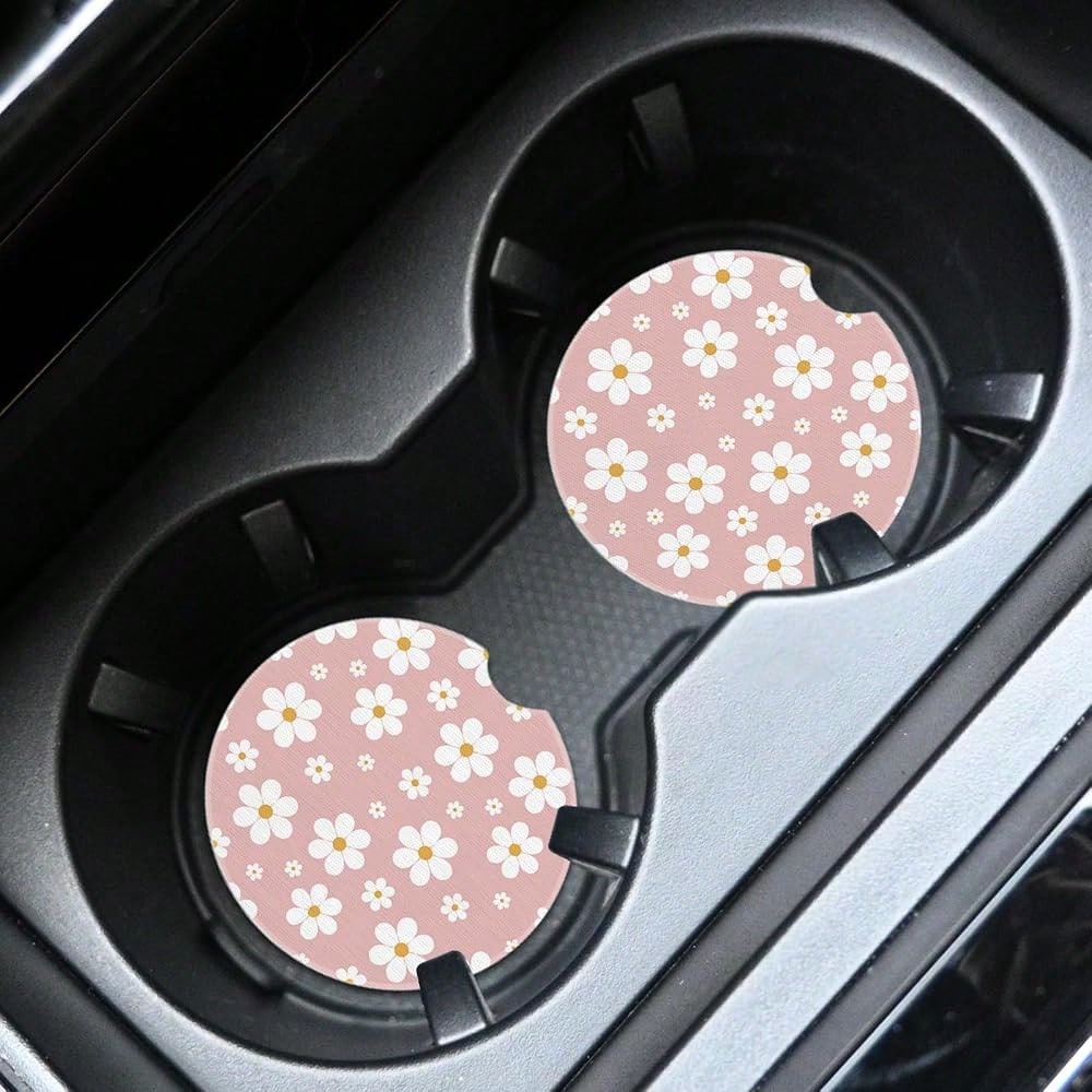 2pcs Cute White Flowers Car Coasters,Absorbent Universal Neoprener Cup Holder Coasters With A Finger Notch,Car Accessories For Women&Ma