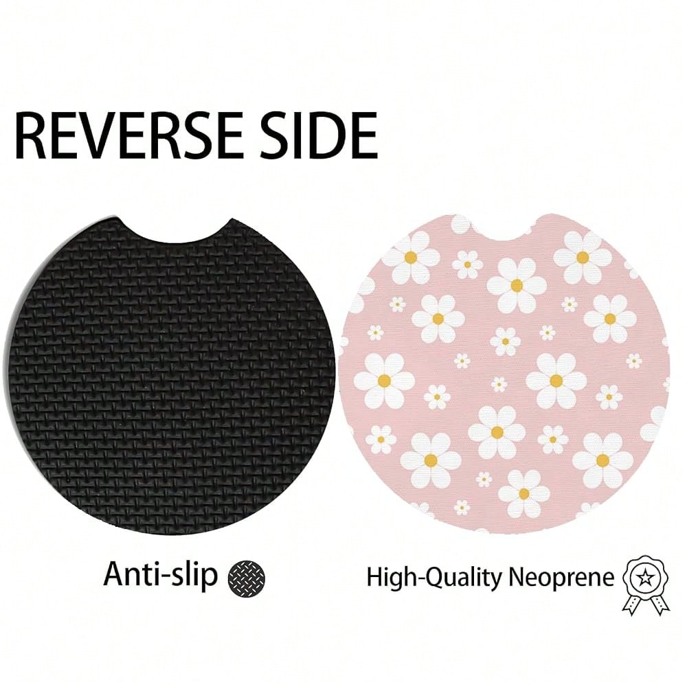 2pcs Cute White Flowers Car Coasters,Absorbent Universal Neoprener Cup Holder Coasters With A Finger Notch,Car Accessories For Women&Ma