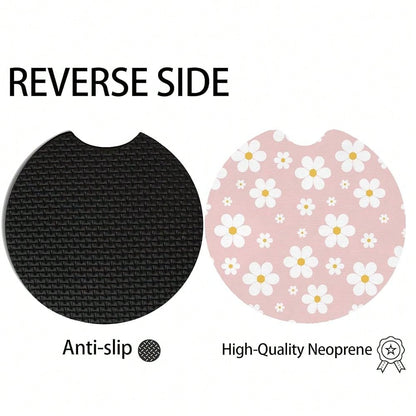 2pcs Cute White Flowers Car Coasters,Absorbent Universal Neoprener Cup Holder Coasters With A Finger Notch,Car Accessories For Women&Ma