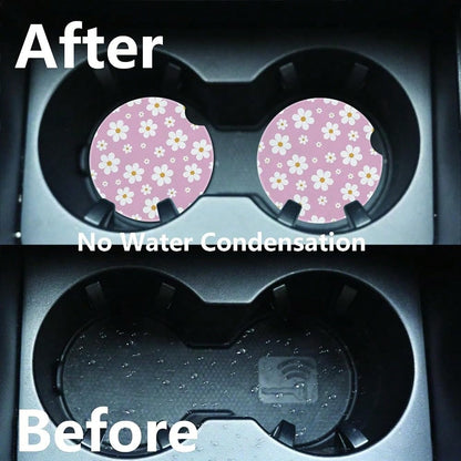 2pcs Cute White Flowers Car Coasters,Absorbent Universal Neoprener Cup Holder Coasters With A Finger Notch,Car Accessories For Women&Ma