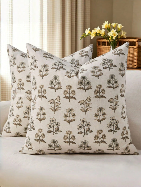 2pcs Farmhouse Floral Throw Pillow Covers 18x18 Inch, Rustic Botanical Style Sofa/Bed/Living Room Decorative Pillow Covers, Vintage Country Floral Cushion Covers, Cottage Home Decor, Brown