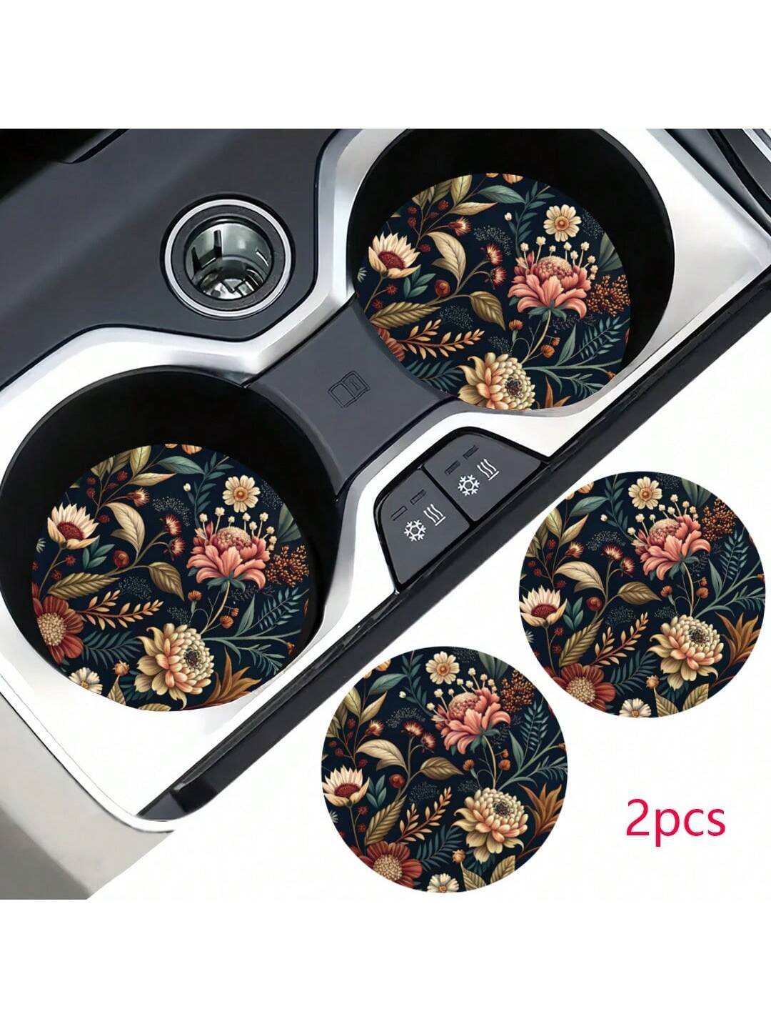 2pcs Flower Print Pattern Car Cup Coaster, Stylish Fast-Drying Non-Slip Car Cup Mat