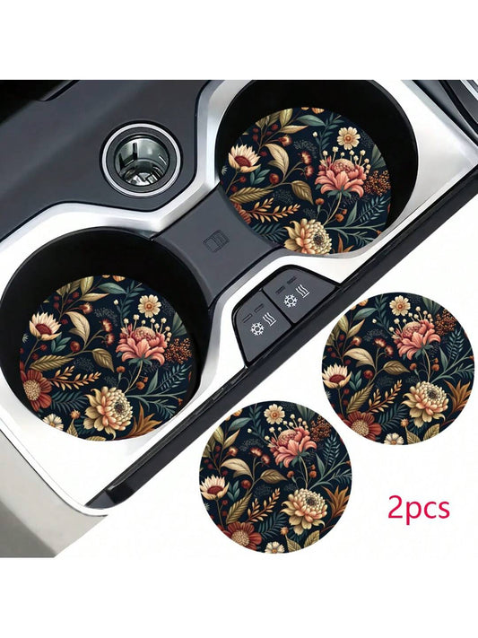 2pcs Flower Print Pattern Car Cup Coaster, Stylish Fast-Drying Non-Slip Car Cup Mat