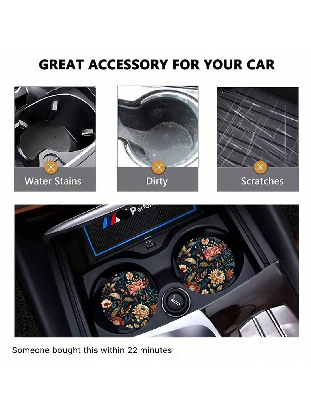 2pcs Flower Print Pattern Car Cup Coaster, Stylish Fast-Drying Non-Slip Car Cup Mat