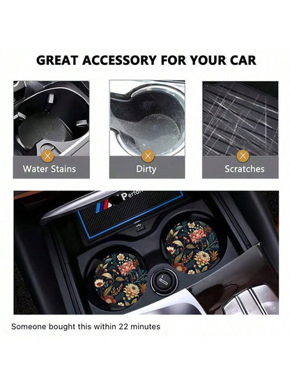 2pcs Flower Print Pattern Car Cup Coaster, Stylish Fast-Drying Non-Slip Car Cup Mat