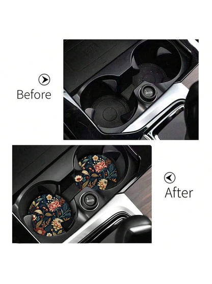 2pcs Flower Print Pattern Car Cup Coaster, Stylish Fast-Drying Non-Slip Car Cup Mat