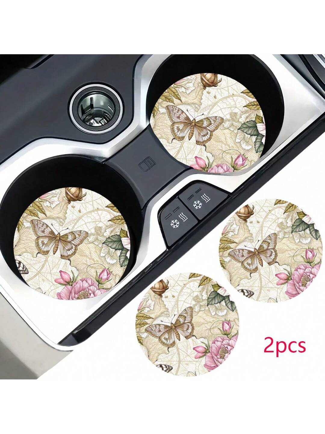 2pcs Flower Print Pattern Car Cup Coaster, Stylish Fast-Drying Non-Slip Car Cup Mat