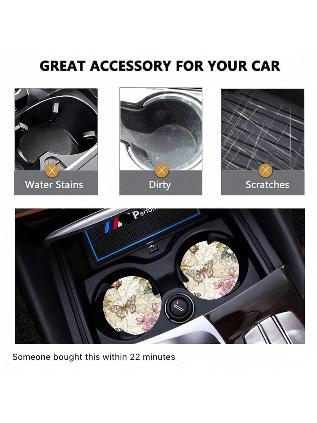 2pcs Flower Print Pattern Car Cup Coaster, Stylish Fast-Drying Non-Slip Car Cup Mat