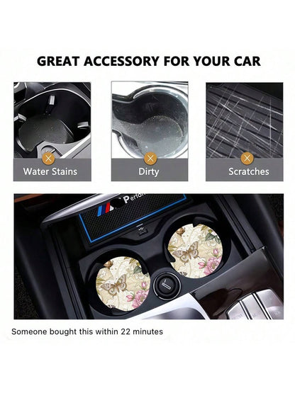 2pcs Flower Print Pattern Car Cup Coaster, Stylish Fast-Drying Non-Slip Car Cup Mat