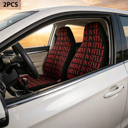 2pcs Full Coverage Car Seat Covers, Red English Design Printed Car Seat Covers, Creative Design Printed Universal Car Seat Cushion Protective Covers, Car Accessories, Ice Silk Fabric, Breathable And V