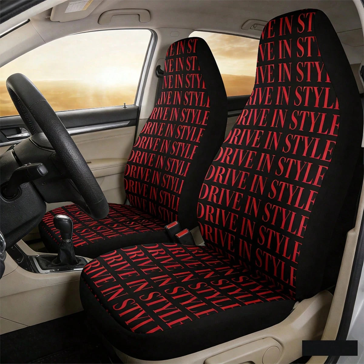2pcs Full Coverage Car Seat Covers, Red English Design Printed Car Seat Covers, Creative Design Printed Universal Car Seat Cushion Protective Covers, Car Accessories, Ice Silk Fabric, Breathable And V