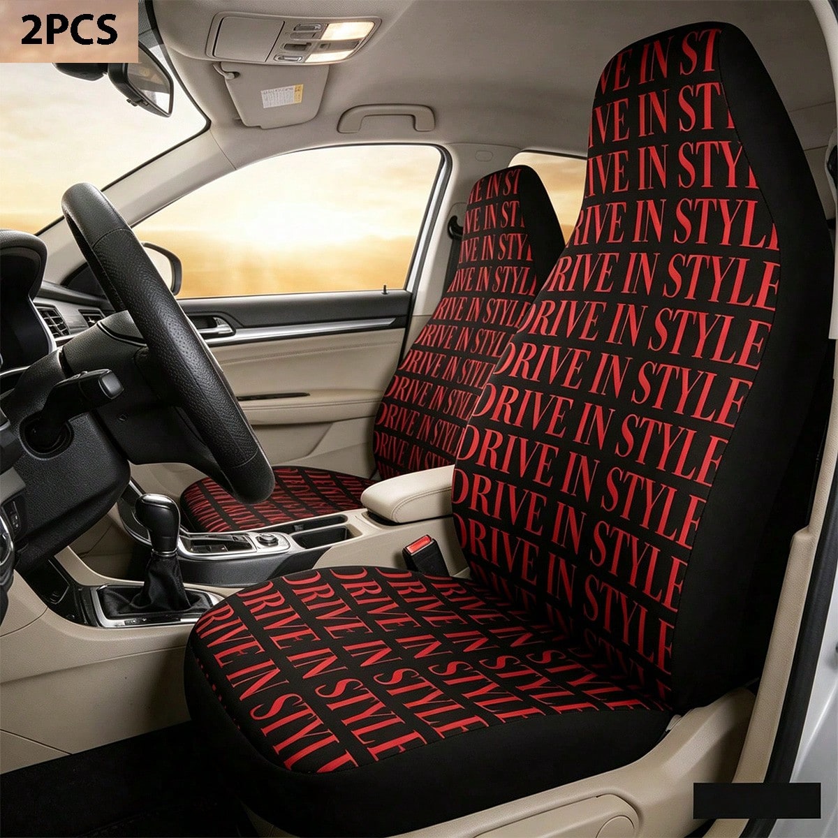 2pcs Full Coverage Car Seat Covers, Red English Design Printed Car Seat Covers, Creative Design Printed Universal Car Seat Cushion Protective Covers, Car Accessories, Ice Silk Fabric, Breathable And V