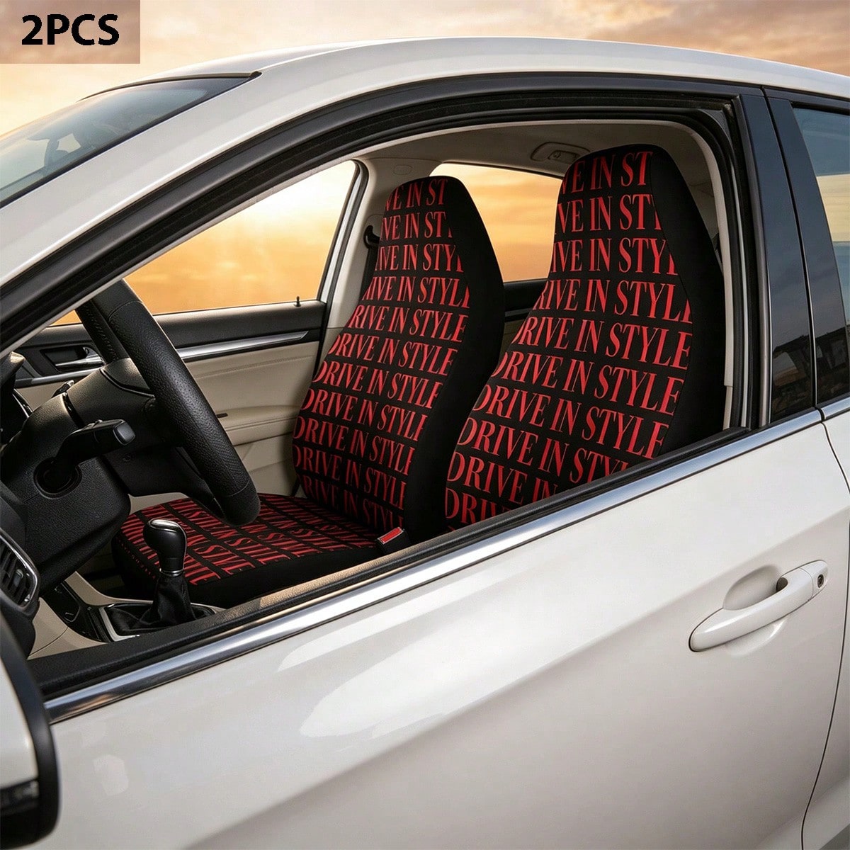 2pcs Full Coverage Car Seat Covers, Red English Design Printed Car Seat Covers, Creative Design Printed Universal Car Seat Cushion Protective Covers, Car Accessories, Ice Silk Fabric, Breathable And V