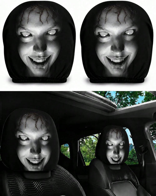 2PCS Ghost Face Headrest Covers, Scary Face Printing Auto Seat Universal Elastic Models Headrest Protector