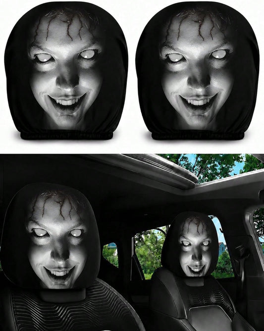 2PCS Ghost Face Headrest Covers, Scary Face Printing Auto Seat Universal Elastic Models Headrest Protector