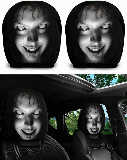 2PCS Ghost Face Headrest Covers, Scary Face Printing Auto Seat Universal Elastic Models Headrest Protector