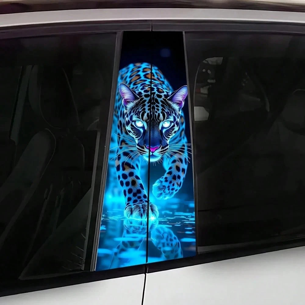 2pcs Glowing Leopard Print Car B-Pillar Stickers, Durable Vinyl Protective Film, Suitable For B-Pillar Exterior Accessories