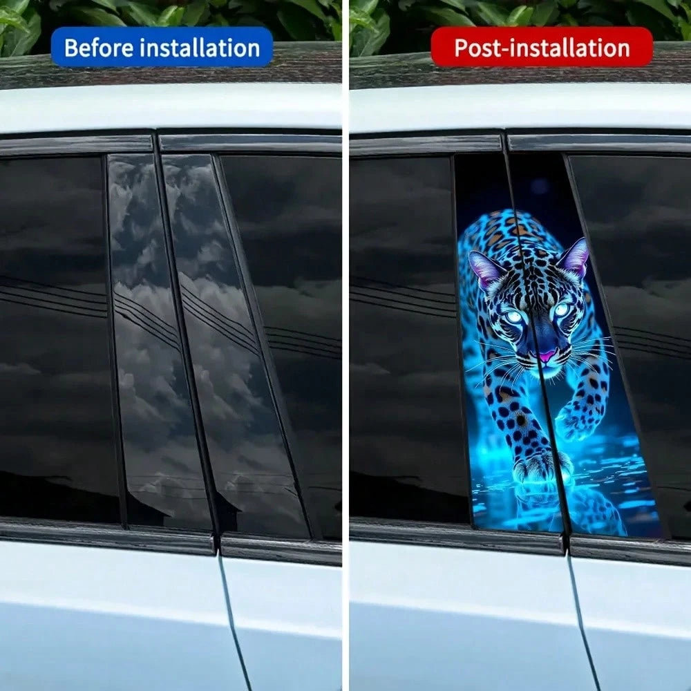2pcs Glowing Leopard Print Car B-Pillar Stickers, Durable Vinyl Protective Film, Suitable For B-Pillar Exterior Accessories