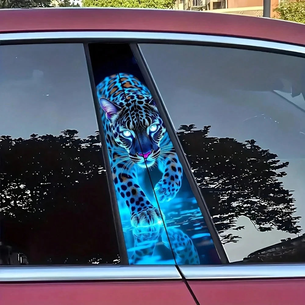 2pcs Glowing Leopard Print Car B-Pillar Stickers, Durable Vinyl Protective Film, Suitable For B-Pillar Exterior Accessories