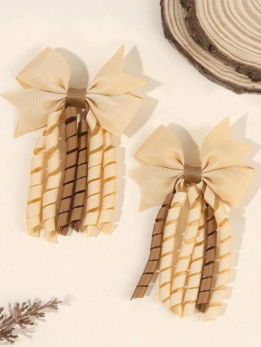 2pcs Khaki Brown Curly Hair Clips, Suitable For Baby Girls, Ombre Curly Bow Design, Alligator Clips, Delicate Elegant Hair Accessories, Autumn/Winter Toddler Girls Bow Hair Clips, Children Infant Hair