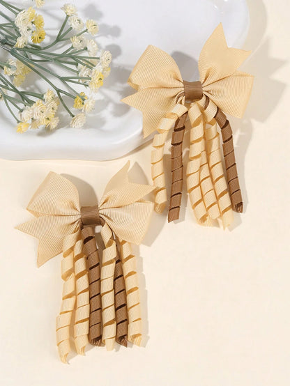 2pcs Khaki Brown Curly Hair Clips, Suitable For Baby Girls, Ombre Curly Bow Design, Alligator Clips, Delicate Elegant Hair Accessories, Autumn/Winter Toddler Girls Bow Hair Clips, Children Infant Hair