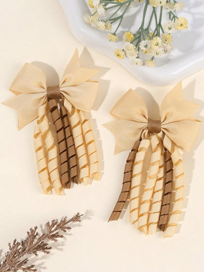 2pcs Khaki Brown Curly Hair Clips, Suitable For Baby Girls, Ombre Curly Bow Design, Alligator Clips, Delicate Elegant Hair Accessories, Autumn/Winter Toddler Girls Bow Hair Clips, Children Infant Hair