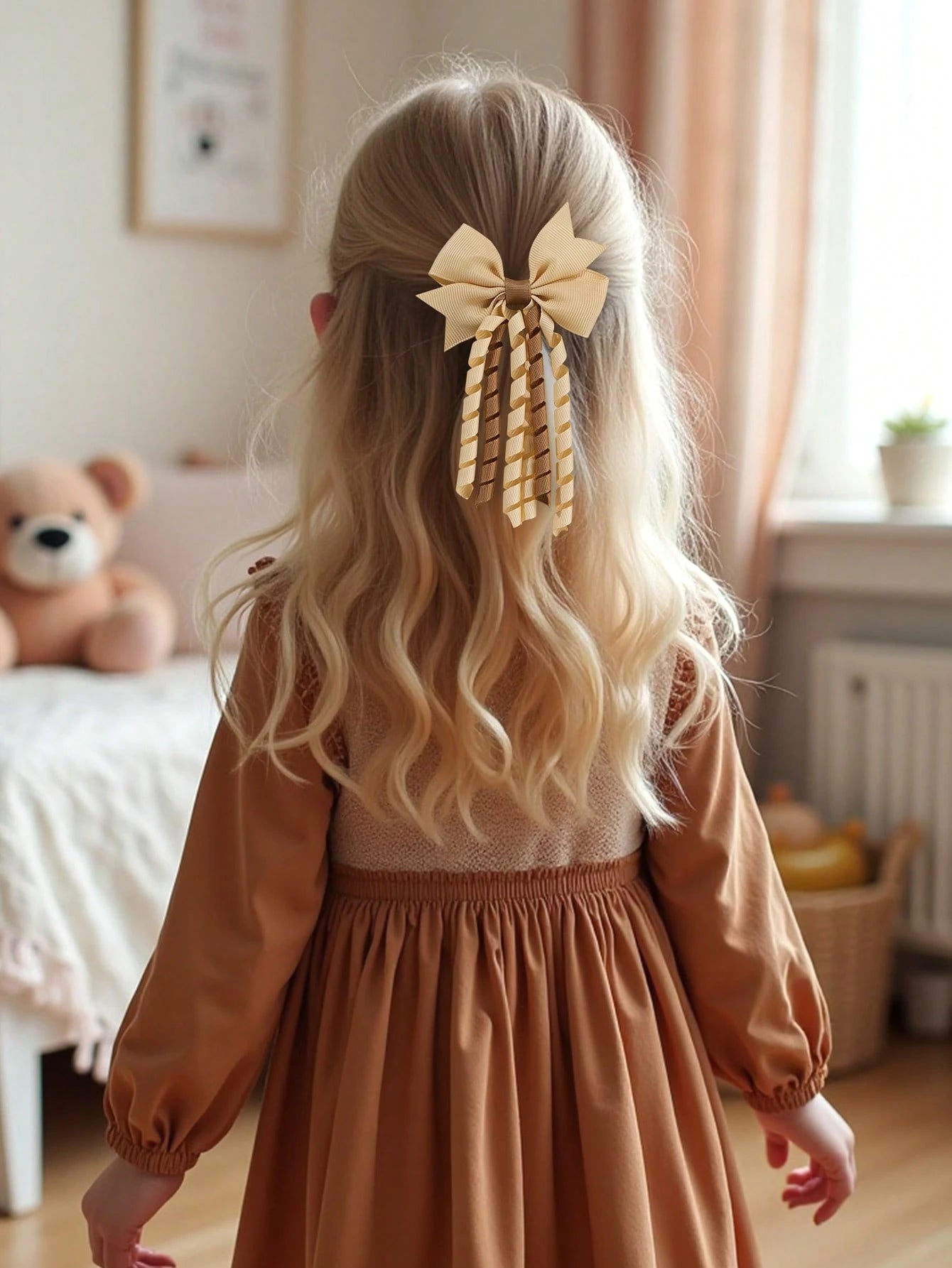 2pcs Khaki Brown Curly Hair Clips, Suitable For Baby Girls, Ombre Curly Bow Design, Alligator Clips, Delicate Elegant Hair Accessories, Autumn/Winter Toddler Girls Bow Hair Clips, Children Infant Hair