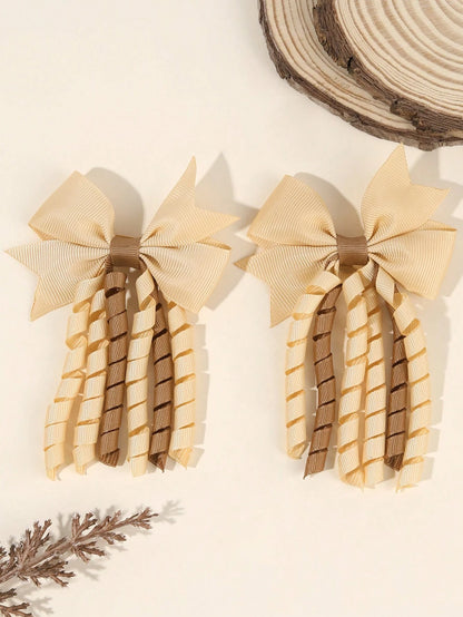 2pcs Khaki Brown Curly Hair Clips, Suitable For Baby Girls, Ombre Curly Bow Design, Alligator Clips, Delicate Elegant Hair Accessories, Autumn/Winter Toddler Girls Bow Hair Clips, Children Infant Hair