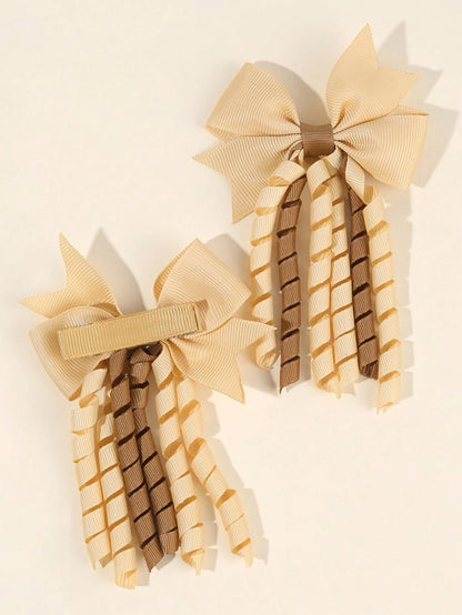 2pcs Khaki Brown Curly Hair Clips, Suitable For Baby Girls, Ombre Curly Bow Design, Alligator Clips, Delicate Elegant Hair Accessories, Autumn/Winter Toddler Girls Bow Hair Clips, Children Infant Hair