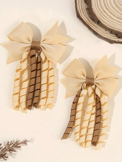 2pcs Khaki Brown Curly Hair Clips, Suitable For Baby Girls, Ombre Curly Bow Design, Alligator Clips, Delicate Elegant Hair Accessories, Autumn/Winter Toddler Girls Bow Hair Clips, Children Infant Hair