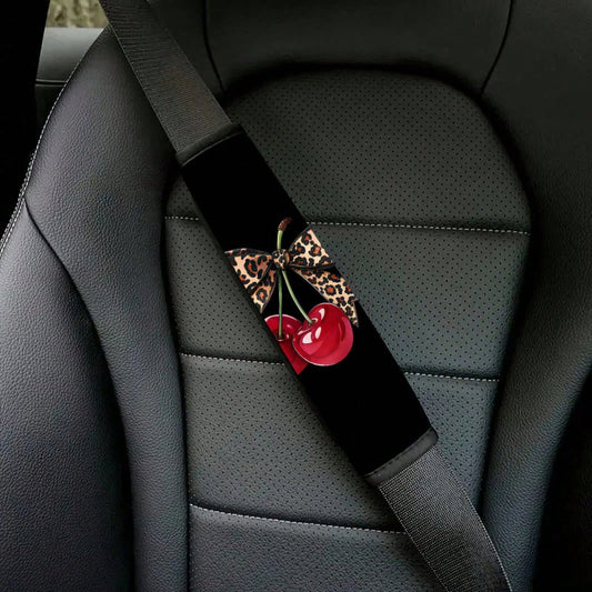 2pcs Leopard Print Bow Red Cherry Car Seatbelt Covers, Stylish Car Interior Accessories, Quick Installation And Removal, And Fashionable Design, Universal Model Suitable For Comfortable Travel, Applic