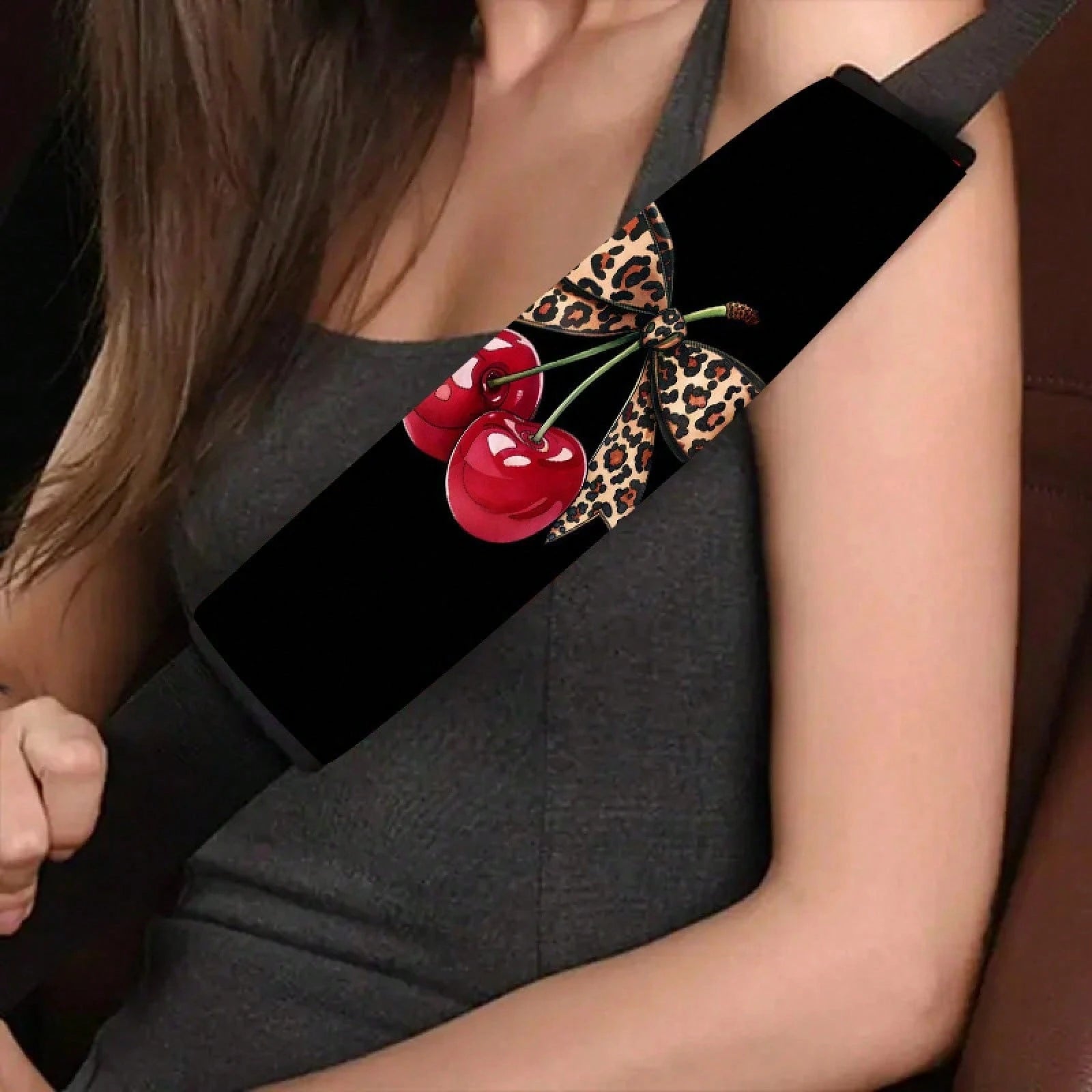 2pcs Leopard Print Bow Red Cherry Car Seatbelt Covers, Stylish Car Interior Accessories, Quick Installation And Removal, And Fashionable Design, Universal Model Suitable For Comfortable Travel, Applic