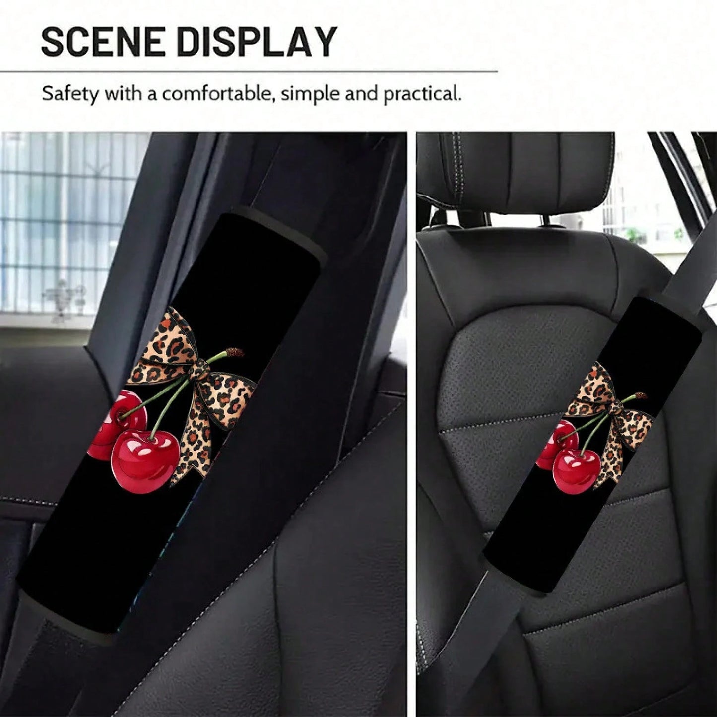 2pcs Leopard Print Bow Red Cherry Car Seatbelt Covers, Stylish Car Interior Accessories, Quick Installation And Removal, And Fashionable Design, Universal Model Suitable For Comfortable Travel, Applic