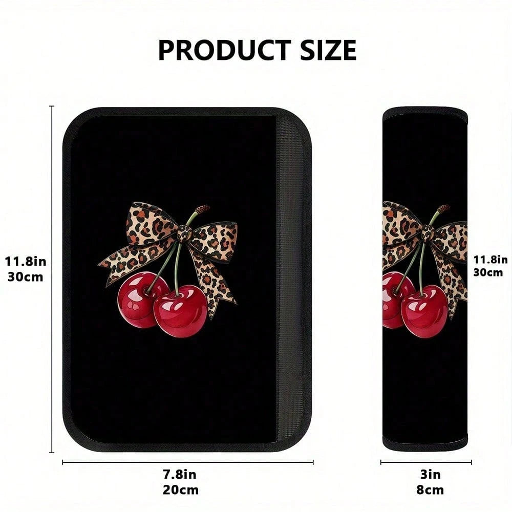 2pcs Leopard Print Bow Red Cherry Car Seatbelt Covers, Stylish Car Interior Accessories, Quick Installation And Removal, And Fashionable Design, Universal Model Suitable For Comfortable Travel, Applic