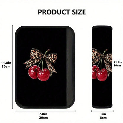 2pcs Leopard Print Bow Red Cherry Car Seatbelt Covers, Stylish Car Interior Accessories, Quick Installation And Removal, And Fashionable Design, Universal Model Suitable For Comfortable Travel, Applic