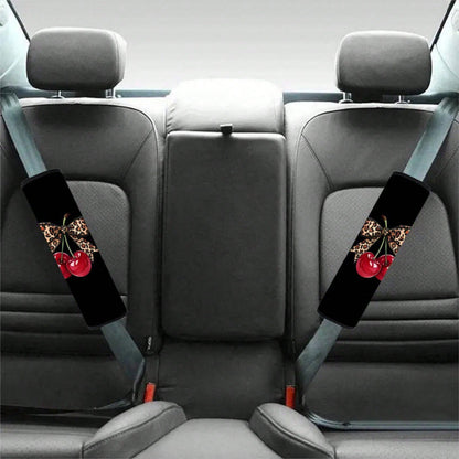 2pcs Leopard Print Bow Red Cherry Car Seatbelt Covers, Stylish Car Interior Accessories, Quick Installation And Removal, And Fashionable Design, Universal Model Suitable For Comfortable Travel, Applic