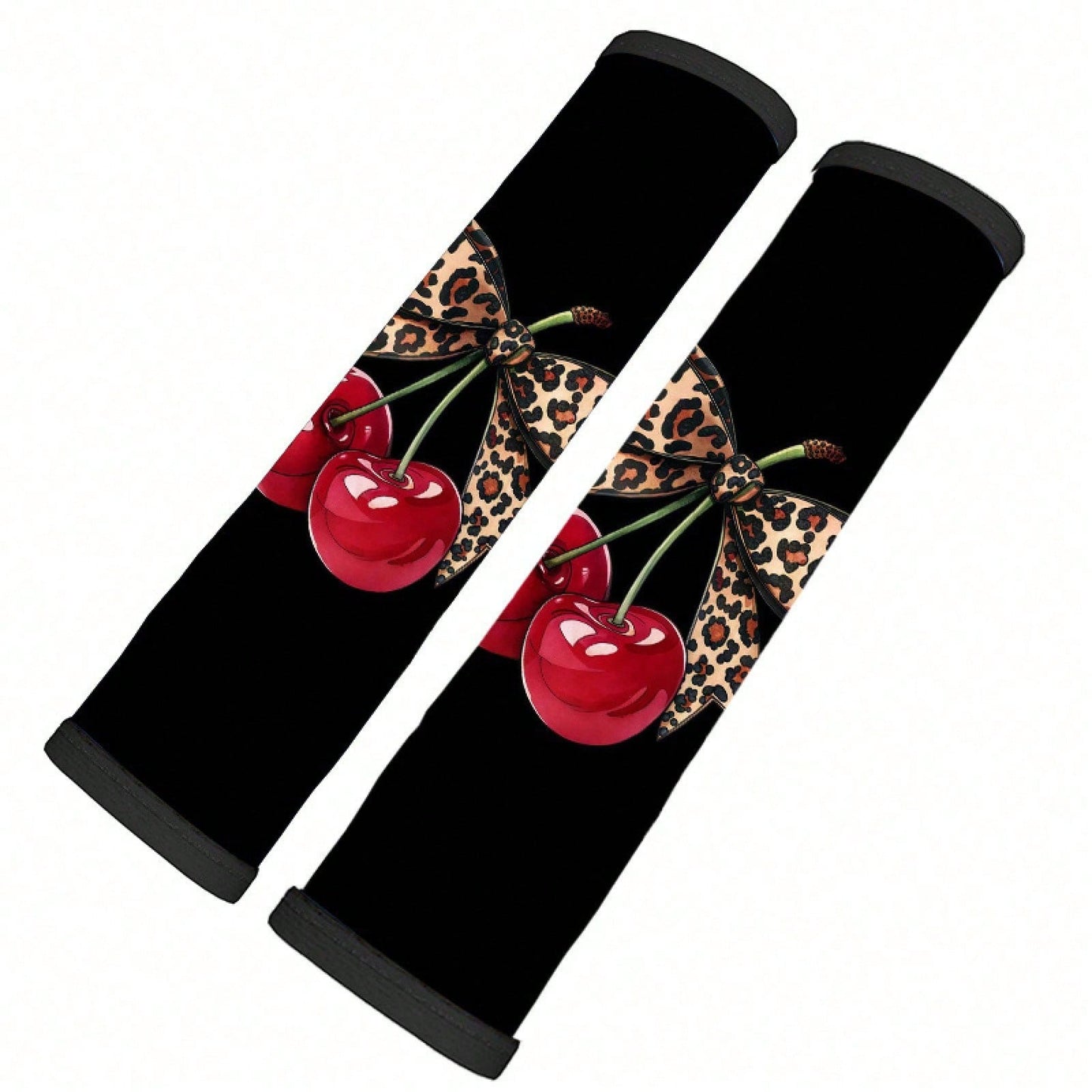 2pcs Leopard Print Bow Red Cherry Car Seatbelt Covers, Stylish Car Interior Accessories, Quick Installation And Removal, And Fashionable Design, Universal Model Suitable For Comfortable Travel, Applic