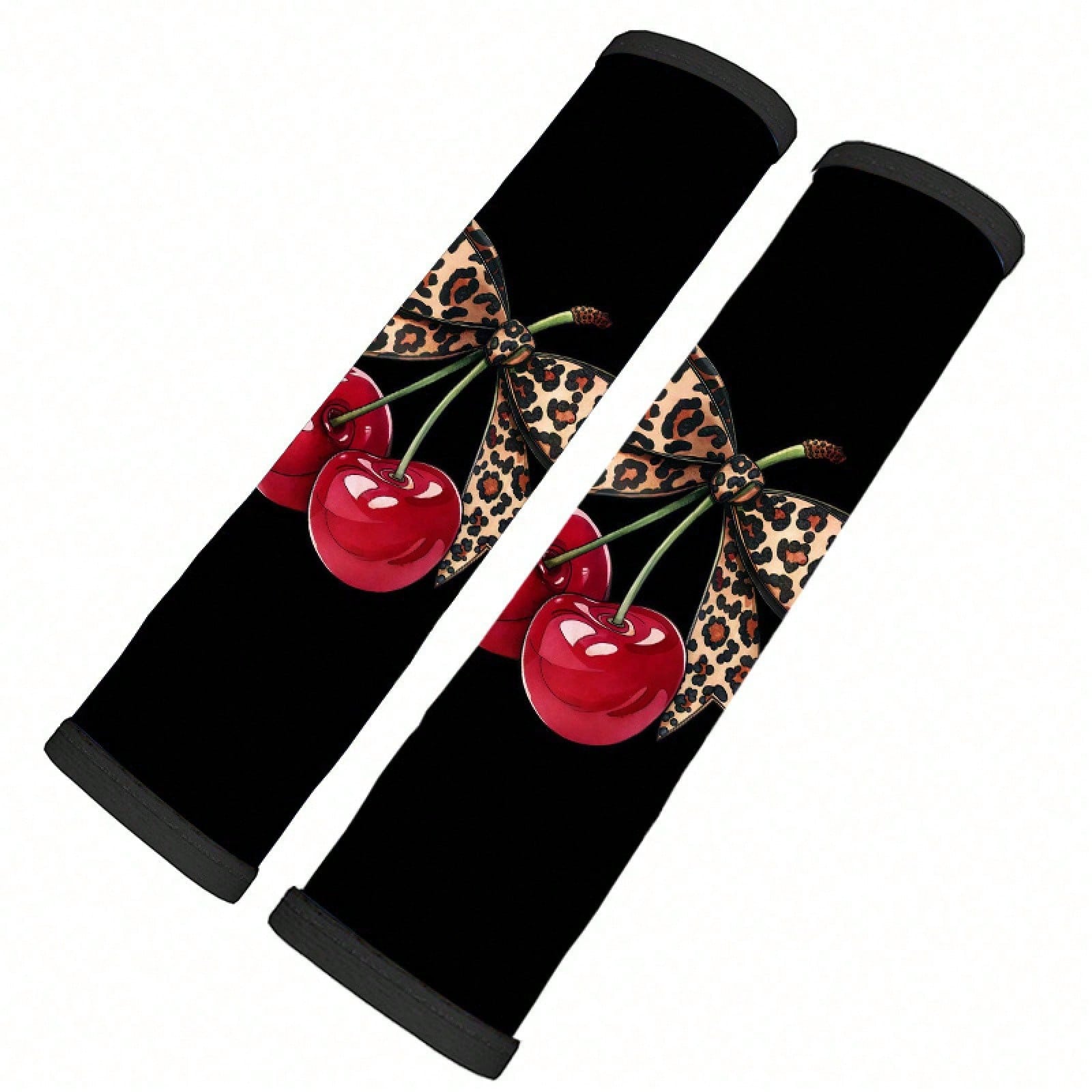 2pcs Leopard Print Bow Red Cherry Car Seatbelt Covers, Stylish Car Interior Accessories, Quick Installation And Removal, And Fashionable Design, Universal Model Suitable For Comfortable Travel, Applic