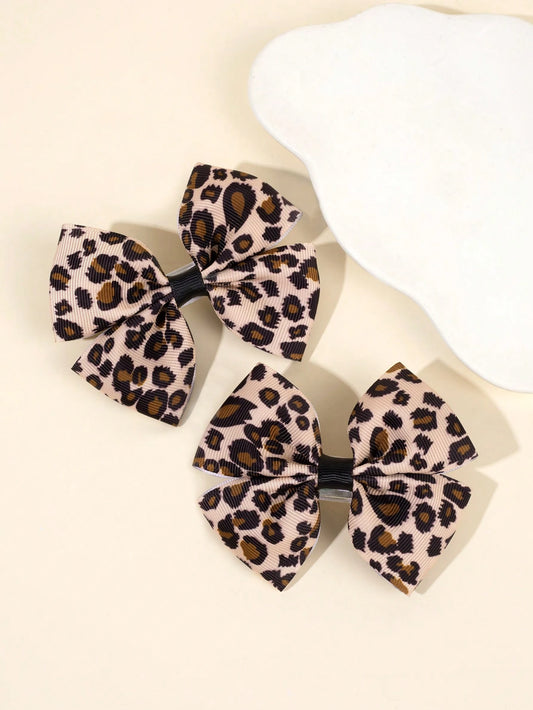 2pcs Leopard Print Hair Clips, Fashionable Leopard Alligator Clips, Exquisite Satin Ribbon Bow Hair Clips, Suitable For Girls Holiday Party Headwear, Kids Baby Hair Accessories