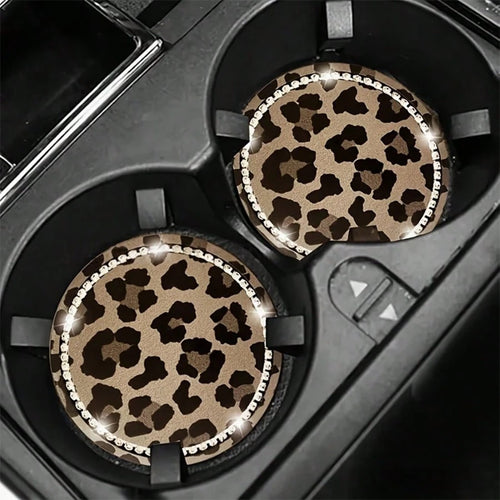 2pcs Leopard Print Rhinestone Fashion Car Cup Holder Coasters, Car Interior Decor