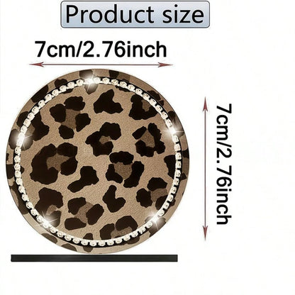 2pcs Leopard Print Rhinestone Fashion Car Cup Holder Coasters, Car Interior Decor
