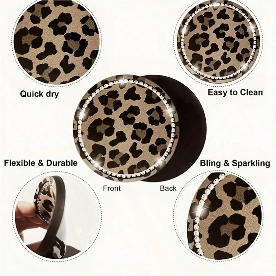 2pcs Leopard Print Rhinestone Fashion Car Cup Holder Coasters, Car Interior Decor