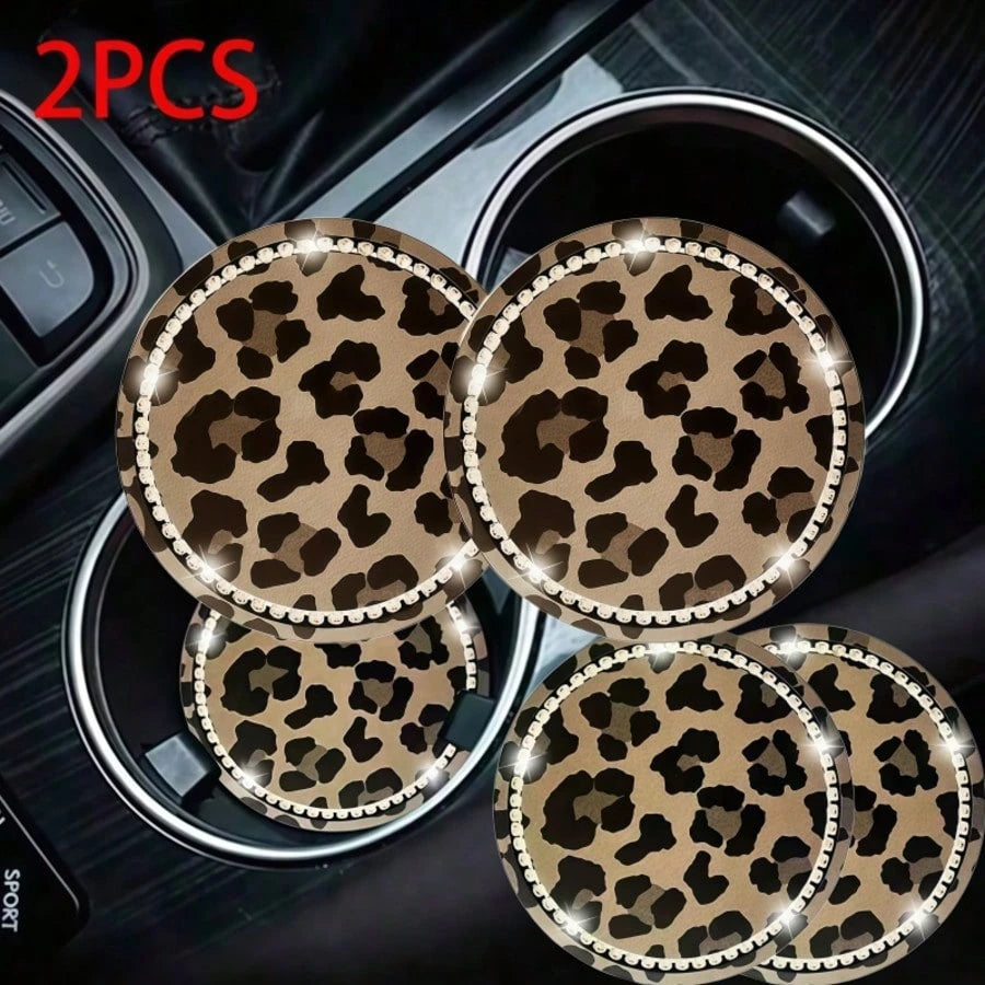 2pcs Leopard Print Rhinestone Fashion Car Cup Holder Coasters, Car Interior Decor
