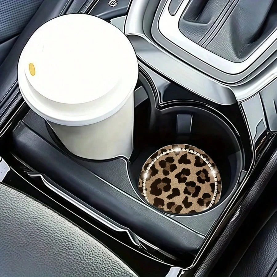 2pcs Leopard Print Rhinestone Fashion Car Cup Holder Coasters, Car Interior Decor