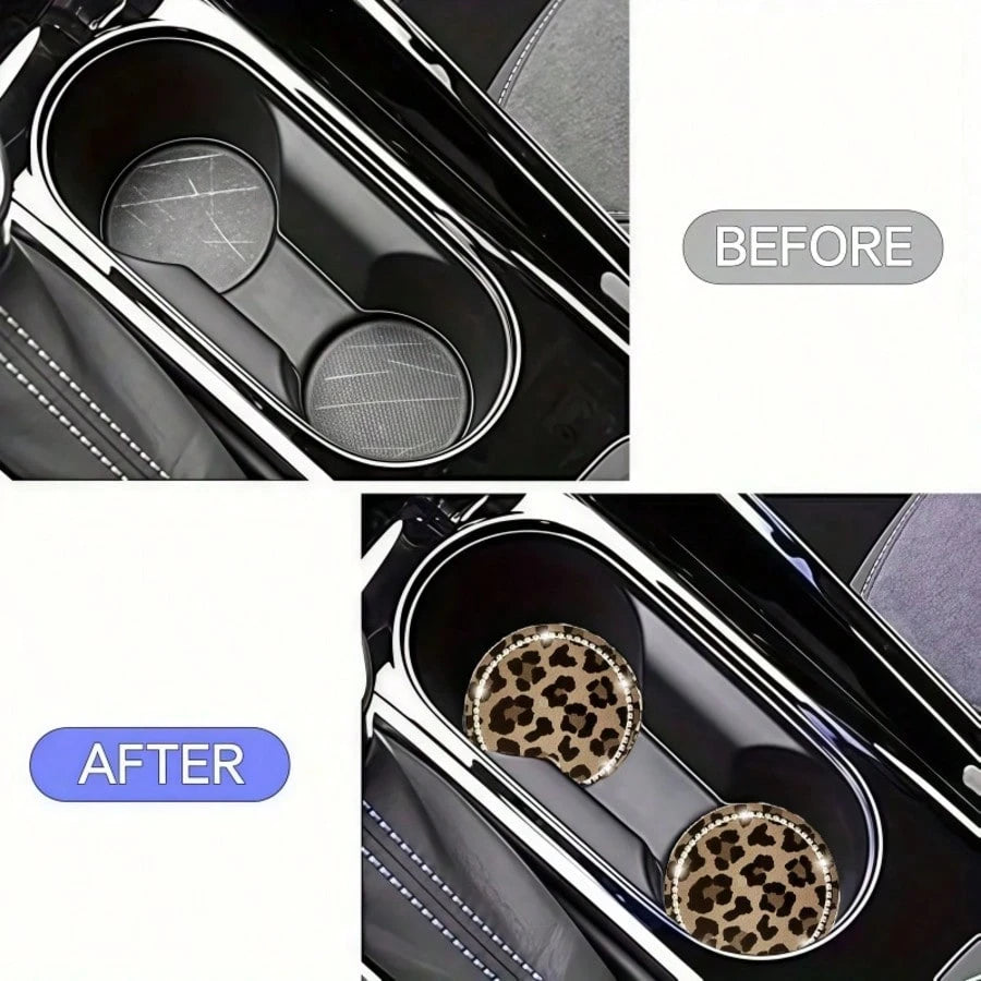 2pcs Leopard Print Rhinestone Fashion Car Cup Holder Coasters, Car Interior Decor