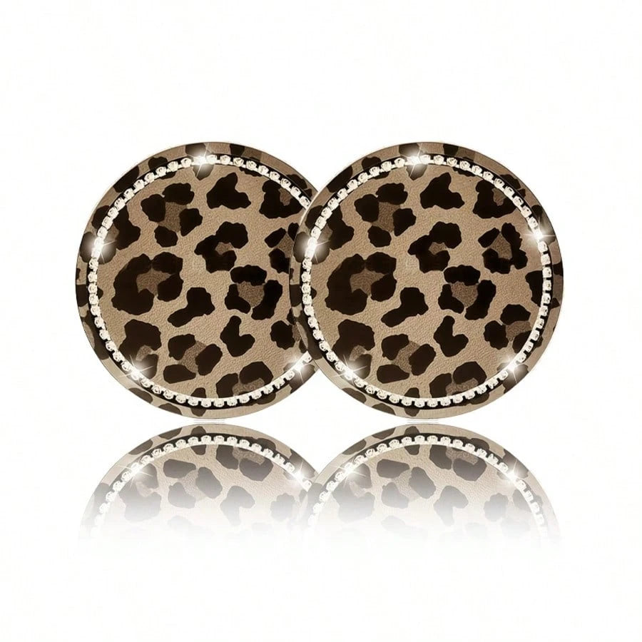 2pcs Leopard Print Rhinestone Fashion Car Cup Holder Coasters, Car Interior Decor