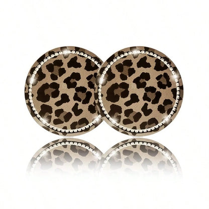2pcs Leopard Print Rhinestone Fashion Car Cup Holder Coasters, Car Interior Decor